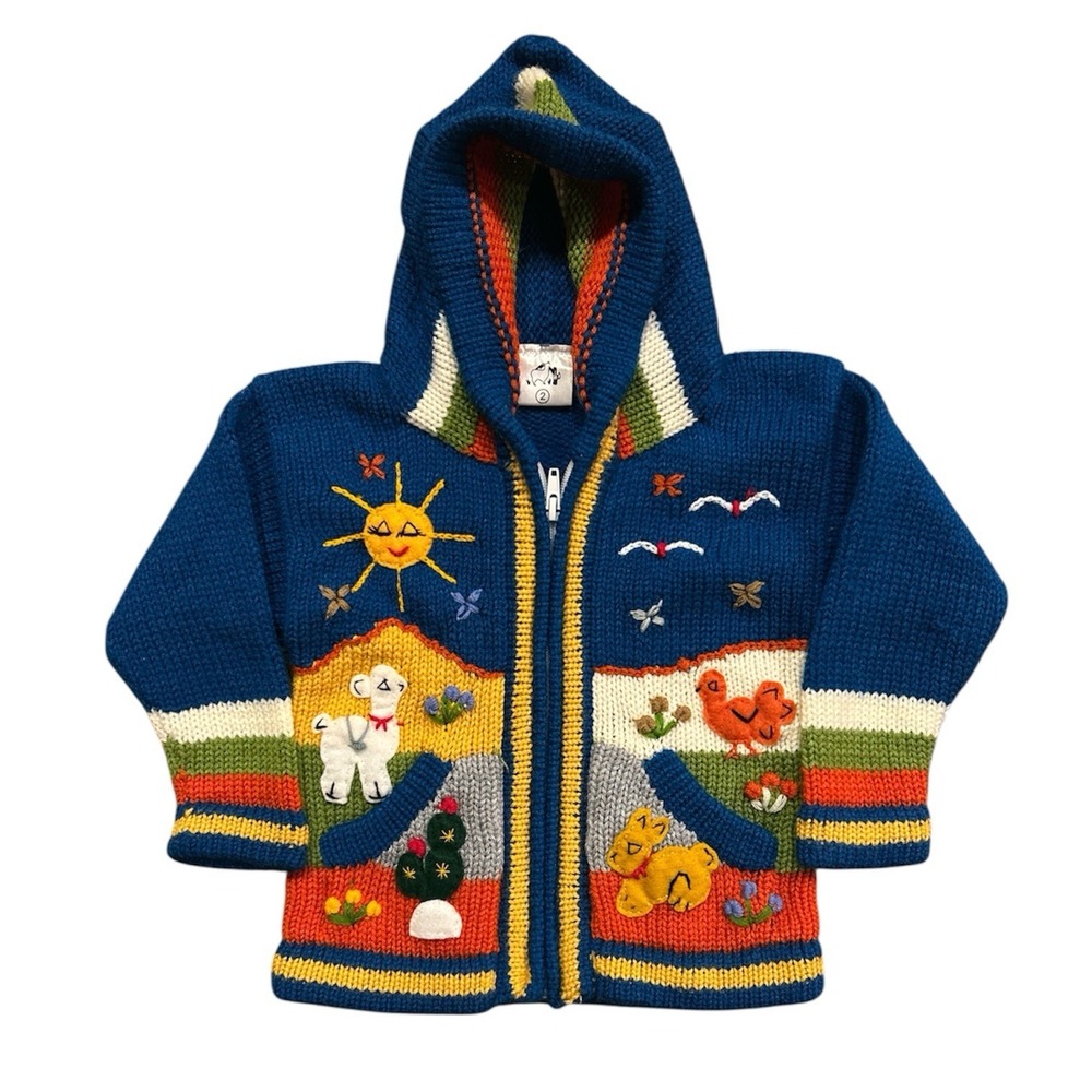 Toddler Rainbow Navy Peruvian Alpaca Sweater Full Zip Embroidered Hooded Size 2